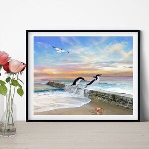 8x10 Penguin Fantasy‎ Ocean Landscape Watercolor Oil Painting Art Print